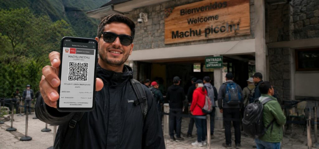 tickets cusco machu picchu 2026 — traveler showing QR code at entrance gate Peru